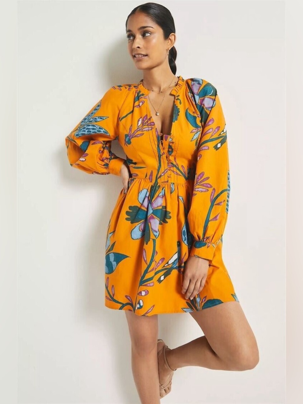 Anthropologie Let Me Be Forever That Girl Yellow Floral Long-Sleeve Mini Dress